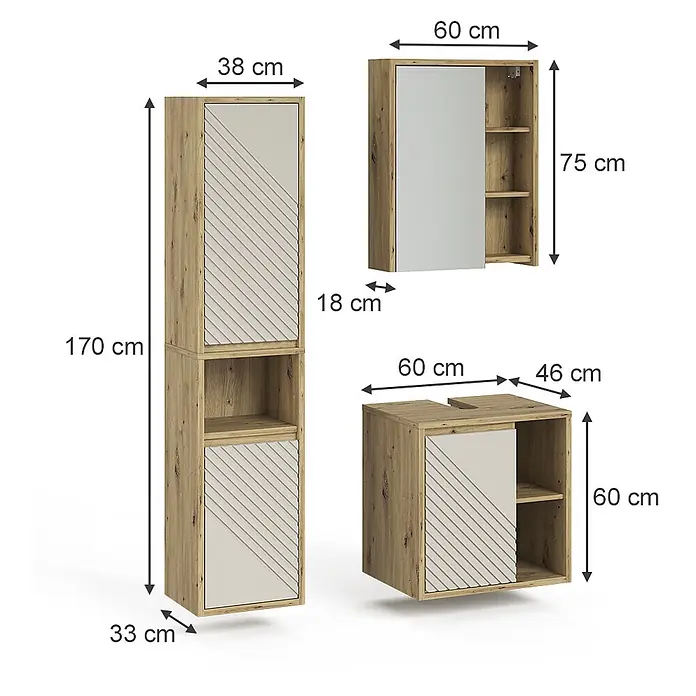 Vicco Badmöbel-Set - Artisan-Eiche, Matt - Set aus drei Badezimmerschränken: Hochschrank, Spiegelschrank und Waschtischunterschrank. Helle Holzoptik mit beigen Fronten.