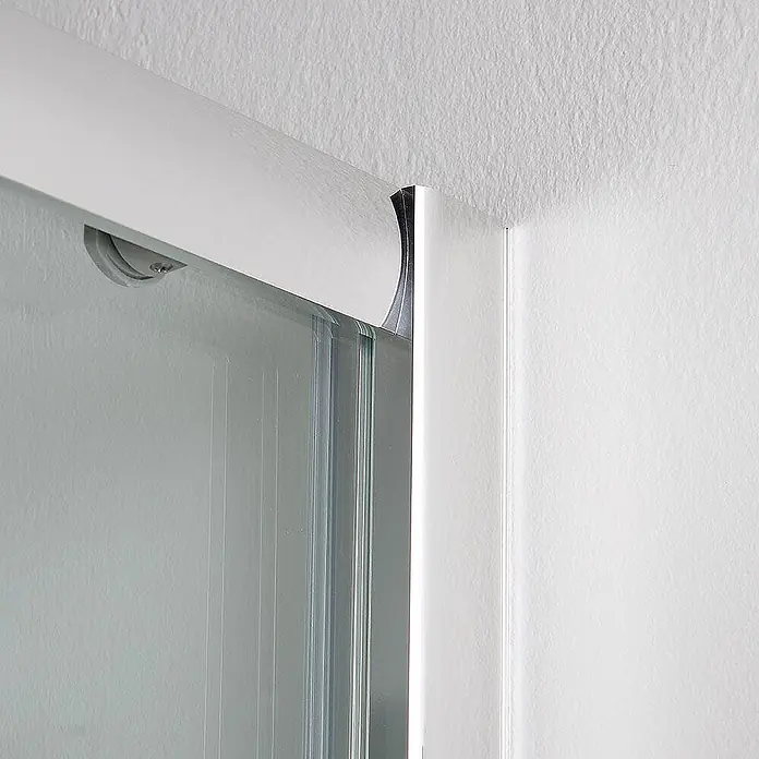 Kiamami Valentina Eckdusche - 800 x 800 x 1.850 cm, Farblos, Stärke: 6 mm - Weiße Schiebetürschiene mit grauen Rollen, die eine klare Glasscheibe trägt.