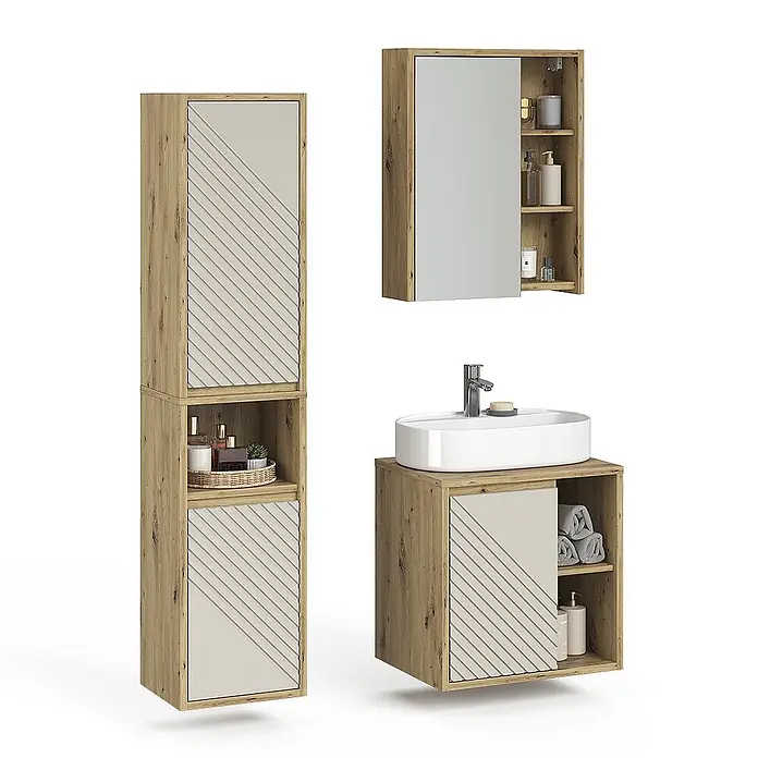 Vicco Badmöbel-Set - Artisan-Eiche, Matt - Badezimmerschränke aus hellem Holz mit beigen Diagonalstreifenfronten, Waschtisch mit Waschbecken und Spiegelschrank.