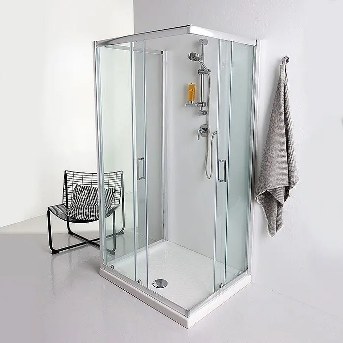 Kiamami Valentina Eckdusche - 800 x 800 x 1.850 cm, Farblos, Stärke: 6 mm - Eckduschkabine mit Klarglastüren, weißer Duschwanne und Chromarmaturen.