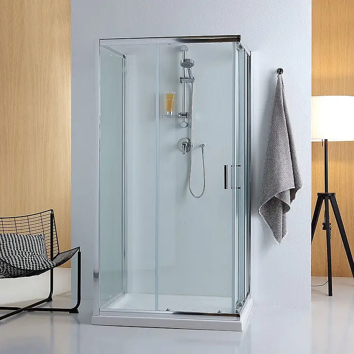 Kiamami Valentina Eckdusche - 800 x 800 x 1.850 cm, Farblos, Stärke: 6 mm - Moderne Eckduschkabine mit Glaswänden, Chromrahmen und weißer Duschwanne.