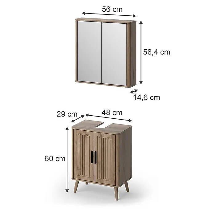 Vicco Badmöbel-Set - Eiche, Matt - Helles Badezimmerset aus Holz mit Spiegelschrank und passendem Waschtischunterschrank mit gerillten Türen und Waschbeckenausschnitt.