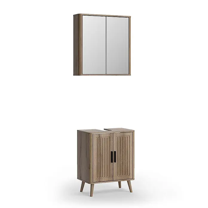 Vicco Badmöbel-Set - Eiche, Matt - Helles Badmöbel-Set: Spiegelschrank und Waschtischunterschrank mit gerillten Türen und konischen Beinen.