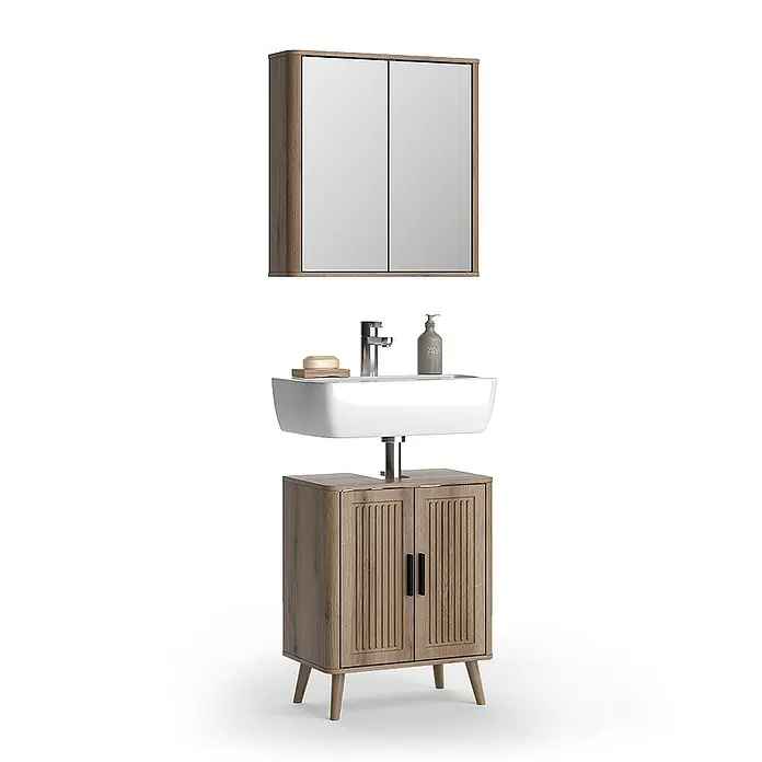Vicco Badmöbel-Set - Eiche, Matt - Badezimmer-Waschtischset aus Holz mit Spiegelschrank, weißem Keramikwaschbecken und Zweitürer-Unterschrank mit Rillen.
