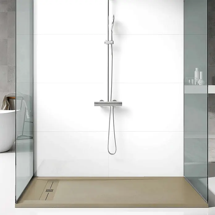 Poalgi Duschwanne Gneis - L x B: 120 x 80 cm, Verbundwerkstoff, Beige - Moderne Duschkabine mit beiger Duschwanne, Glaswand und Chrom-Duschset.