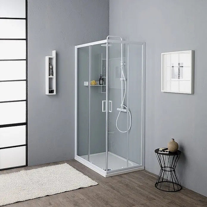 Kiamami Valentina Eckdusche - 70 x 90 x 185 cm, Transparent, Stärke: 4 mm - Duschkabine mit weißem Rahmen und Klarglas, mit weißer Duschwanne.