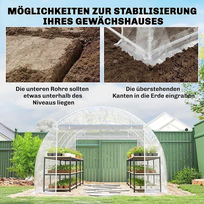 Outsunny Gewächshaus - 297 x 395 cm, Material Seitenwand: Kunststoff, 0,6 mm, Transparent - Gewächshausstabilisierung: Zwei Bilder zeigen das Eingraben von Gewächshausfolie und Rohren in den Boden zur Stabilisierung.