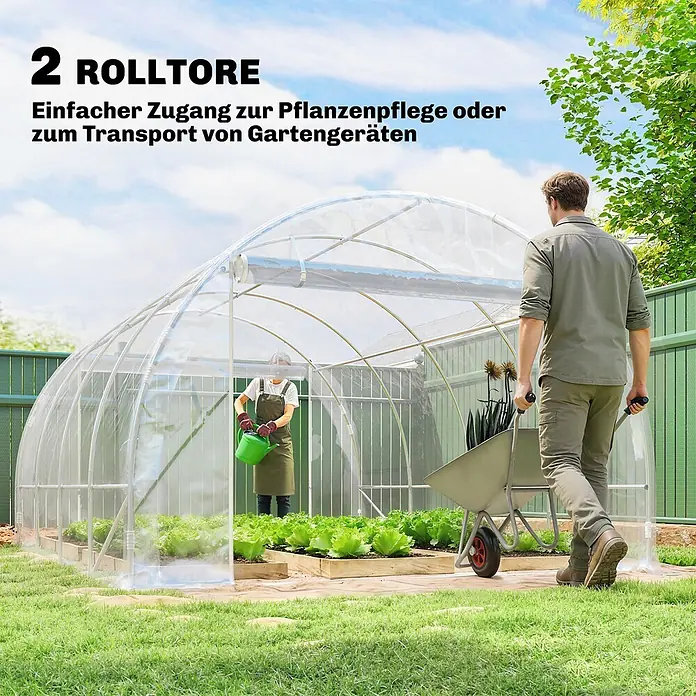 Outsunny Gewächshaus - 297 x 395 cm, Material Seitenwand: Kunststoff, 0,6 mm, Transparent - Transparentes Gewächshaus mit zwei Rolltoren. Ermöglicht einfachen Zugang für Pflanzenpflege und Gerätetransport.