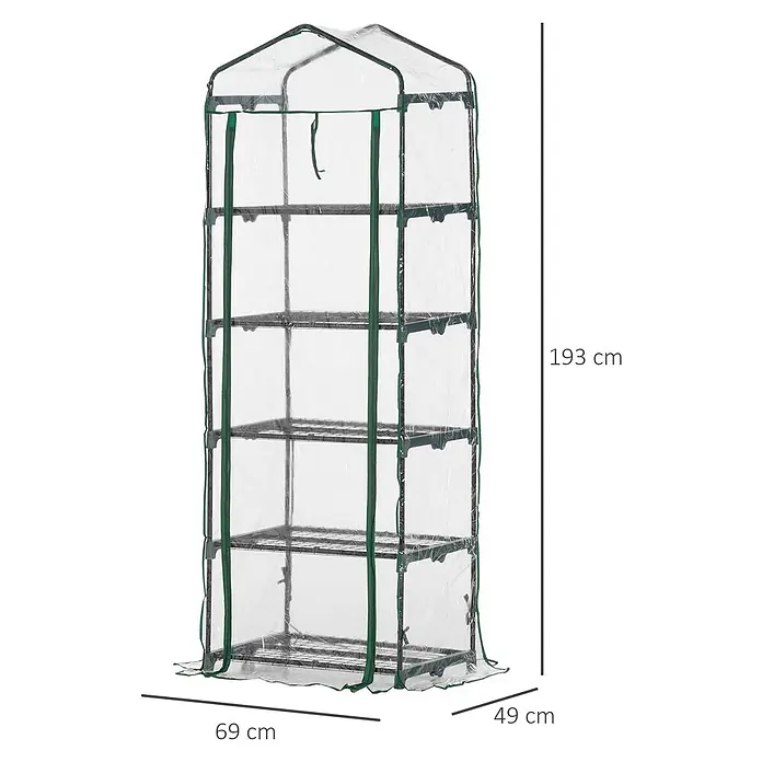 Outsunny Gewächshaus - Außenmaß inkl. Dachüberstand (B x T): 69 x 49 cm, Material Seitenwand: Kunststoff, 0,3 mm, Schwarz - Hohes tragbares Gewächshaus mit transparenter Kunststoffabdeckung, grünen Rändern und mehreren Einlegeböden.