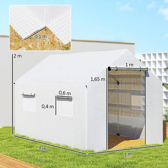 Outsunny Gewächshaus - 200 x 300 cm, Material Seitenwand: Kunststoff, 0,5 mm, Weiß - Weißes Gittergewächshaus (3m L x 2m B) mit 2m Seitenwänden, Tür und Fenstern.