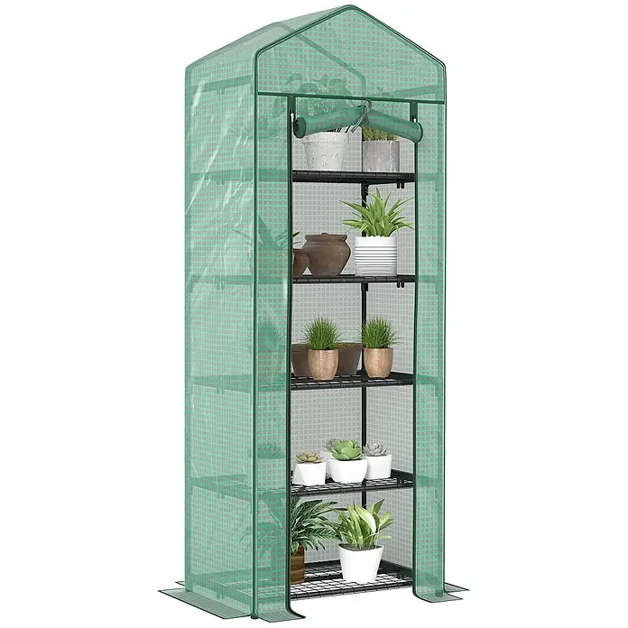 Outsunny Gewächshaus - Außenmaß inkl. Dachüberstand (B x T): 69 x 49 cm, Material Seitenwand: Kunststoff, 0,3 mm, Schwarz - Grünes tragbares Gewächshaus mit transparenter karierter Abdeckung und schwarzen Regalen mit Topfpflanzen.