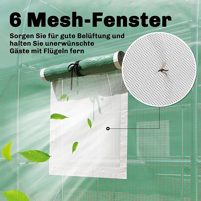 Outsunny Gewächshaus - 198 x 275 cm, Material Seitenwand: Kunststoff, 0,5 mm, Grün - Gerolltes Netzfenster für Belüftung und Schutz vor geflügelten Schädlingen, mit einer sichtbaren Mücke.