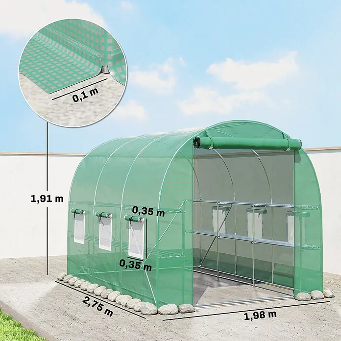 Outsunny Gewächshaus - 198 x 275 cm, Material Seitenwand: Kunststoff, 0,5 mm, Grün - Grünes Tunneltreibhaus mit verstärkter Abdeckung, aufrollbaren Fenstern und Tür. Maße: 1,91m H x 1,98m B x 2,75m L.