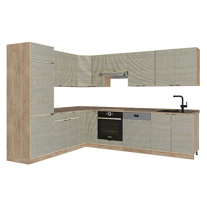 Vicco Eckküche Fame-Line Eiche Paneel/Goldkraft Eiche, AP Eiche - B x T: 227 x 60 cm, Eiche Paneel, Ohne Elektrogeräte - L-förmige Küche mit hellem Hochschrank, Holzlamellenfronten, dunkler Arbeitsplatte, integriertem Backofen, Geschirrspüler und Spüle.