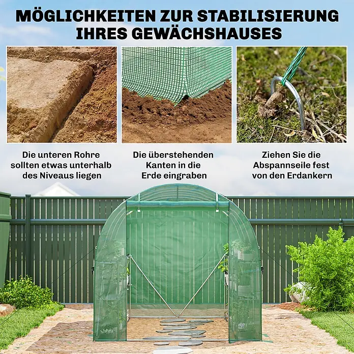 Outsunny Gewächshaus - 198 x 275 cm, Material Seitenwand: Kunststoff, 0,5 mm, Grün - Grünes Tunneltreibhaus und drei Bilder zur Stabilisierung: Graben der Basis, Abdecken der Kanten mit Erde, Sichern der Abspannseile.