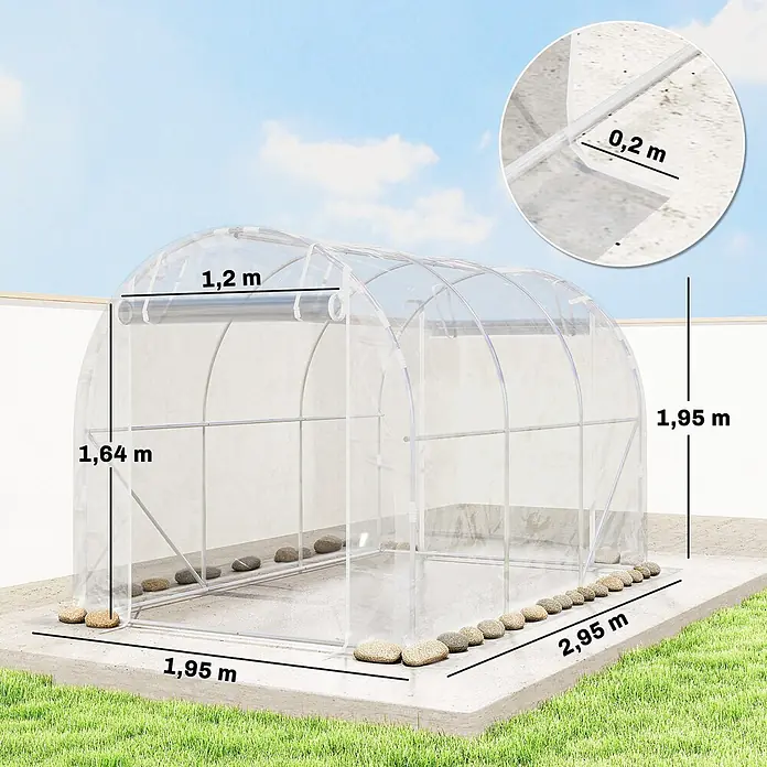 Outsunny Gewächshaus - 195 x 295 cm, Material Seitenwand: Kunststoff, 0,6 mm, Transparent - Transparentes Tunnelgewächshaus mit Metallrahmen, Maße: 1,95m breit x 2,95m lang x 1,95m hoch.