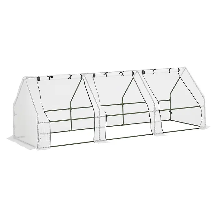Outsunny Gewächshaus - 270 x 90 cm, Material Seitenwand: Kunststoff, 0,3 mm, Grün - Langes, weiß-transparentes Minigewächshaus mit grünem Metallrahmen zum Pflanzenschutz.