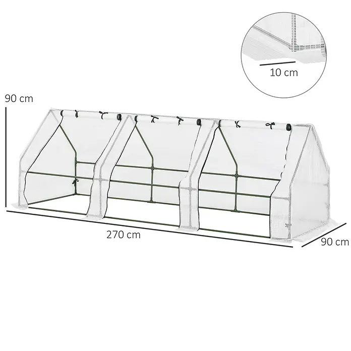 Outsunny Gewächshaus - 270 x 90 cm, Material Seitenwand: Kunststoff, 0,3 mm, Grün - Langes, mehrteiliges Frühbeet mit transparenter weißer Netzabdeckung und dunkelgrünem Rahmen, 270x90x90 cm.