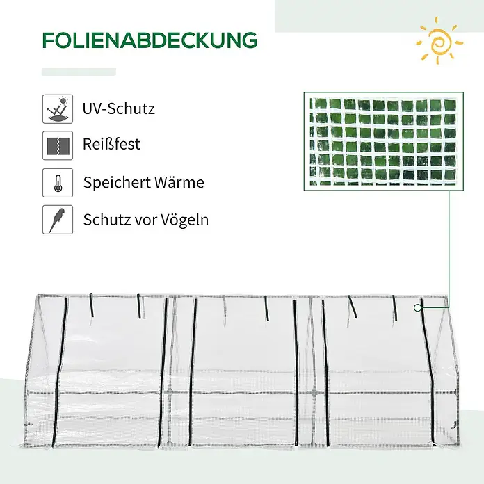 Outsunny Gewächshaus - 270 x 90 cm, Material Seitenwand: Kunststoff, 0,3 mm, Grün - Transparente, gitterverstärkte Gewächshausfolie mit UV-Schutz, reißfest und wärmespeichernd für Pflanzenschutz.