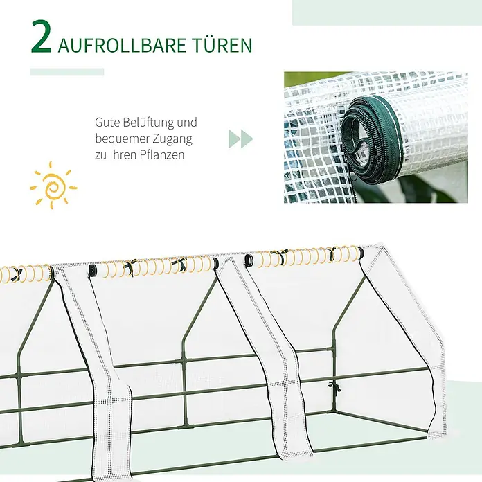 Outsunny Gewächshaus - 270 x 90 cm, Material Seitenwand: Kunststoff, 0,3 mm, Grün - Mini-Gewächshaus mit transparenter Abdeckung und grünem Rahmen, zwei aufrollbaren Türen mit grünen Reißverschlüssen für Belüftung und Zugang zu Pflanzen.