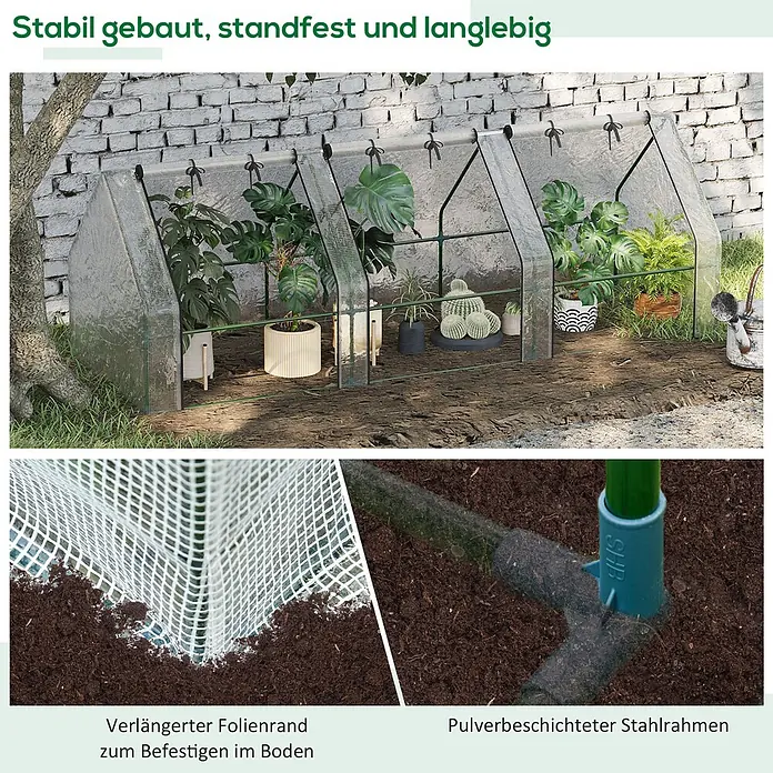 Outsunny Gewächshaus - 270 x 90 cm, Material Seitenwand: Kunststoff, 0,3 mm, Grün - Grün pulverbeschichtetes Stahlrahmen-Gewächshaus mit transparenter, verstärkter Abdeckung und verlängertem Folienrand zur Bodenbefestigung für Pflanzen.