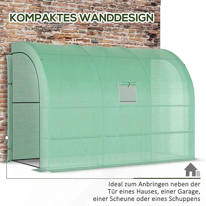 Outsunny Gewächshaus - 300 x 150 cm, Material Seitenwand: Kunststoff, 0,3 mm, Grün - Grünes kompaktes Wandgewächshaus an einer Ziegelwand.