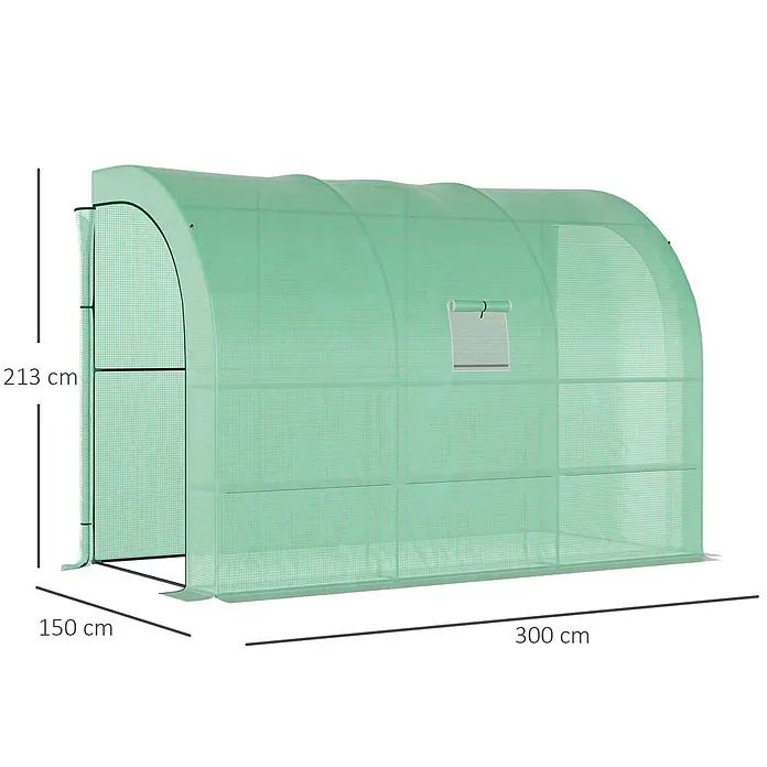 Outsunny Gewächshaus - 300 x 150 cm, Material Seitenwand: Kunststoff, 0,3 mm, Grün - Grüner Bogengewächshaus-Tunnel mit Rollfenster, 213x150x300 cm (HxBxL).