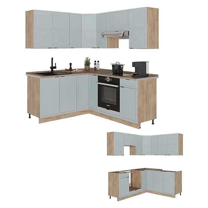 Vicco Eckküche Fame-Line Hellblau-grau/Goldkraft Eiche, AP Marmor - B x T: 190 x 60 cm, Hellblau-grau, Ohne Elektrogeräte - L-förmige Küche mit hellblauen Schränken, Holzoptik-Platten & Arbeitsplatte, mit Backofen, Spüle und Kochfeld.
