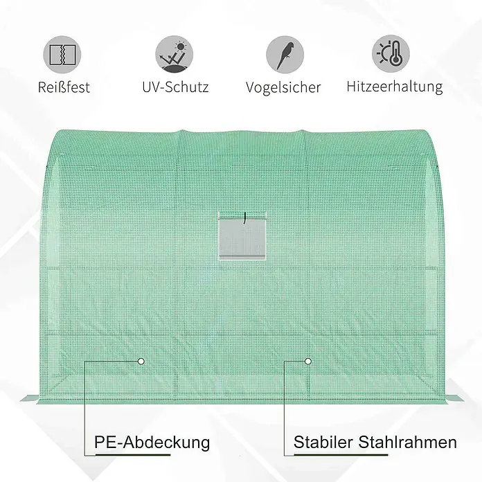 Outsunny Gewächshaus - 300 x 150 cm, Material Seitenwand: Kunststoff, 0,3 mm, Grün - Grünes Gewächshaus mit PE-Abdeckung und stabilem Stahlrahmen, reißfest, UV-geschützt, vogelsicher und wärmespeichernd, mit Fenster.