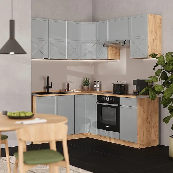 Vicco Eckküche Fame-Line Hellblau-grau/Goldkraft Eiche, AP Marmor - B x T: 190 x 60 cm, Hellblau-grau, Ohne Elektrogeräte - Hellblaue und helle Holzküche als Ecklösung mit schwarzen Einbaugeräten, Spüle und viel Stauraum. Modernes Design für eine funktionale Küche.