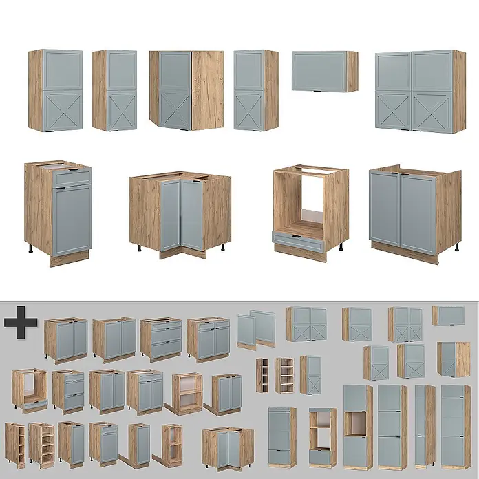 Vicco Eckküche Fame-Line Hellblau-grau/Goldkraft Eiche, AP Marmor - B x T: 190 x 60 cm, Hellblau-grau, Ohne Elektrogeräte - Set von Küchenschrankmodulen: holzfarbene Korpusse mit hellblauen Türen und Schubladen, teils mit X-förmigen Details.