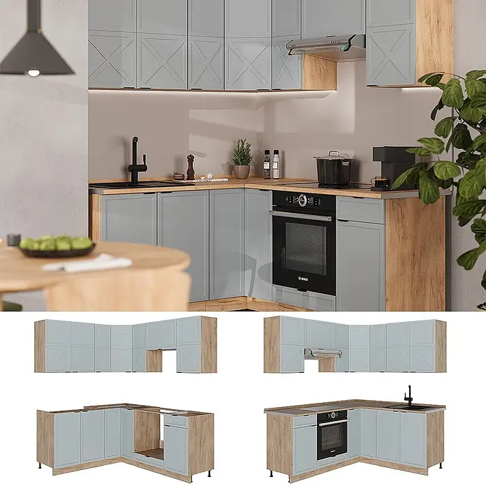 Vicco Eckküche Fame-Line Hellblau-grau/Goldkraft Eiche, AP Marmor - B x T: 190 x 60 cm, Hellblau-grau, Ohne Elektrogeräte - L-förmige Küchenschrankkombination mit hellblauen Türen, Holzarbeitsplatten und integriertem Backofen, Spüle und Dunstabzugshaube.