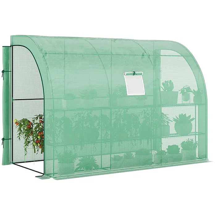 Outsunny Gewächshaus - 300 x 150 cm, Material Seitenwand: Kunststoff, 0,3 mm, Grün - Grünes, durchscheinendes Tunnel-Gewächshaus mit Metallrahmen, Regal für Topfpflanzen und aufrollbarem Fenster.