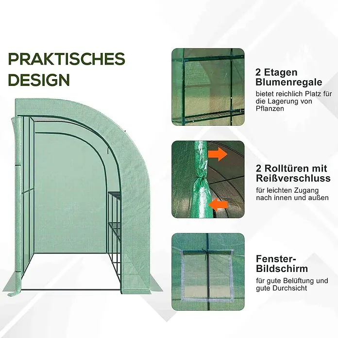 Outsunny Gewächshaus - 300 x 150 cm, Material Seitenwand: Kunststoff, 0,3 mm, Grün - Grünes Tunnel-Gewächshaus mit 2 Regalböden, Rolltüren und Lüftungsfenster.