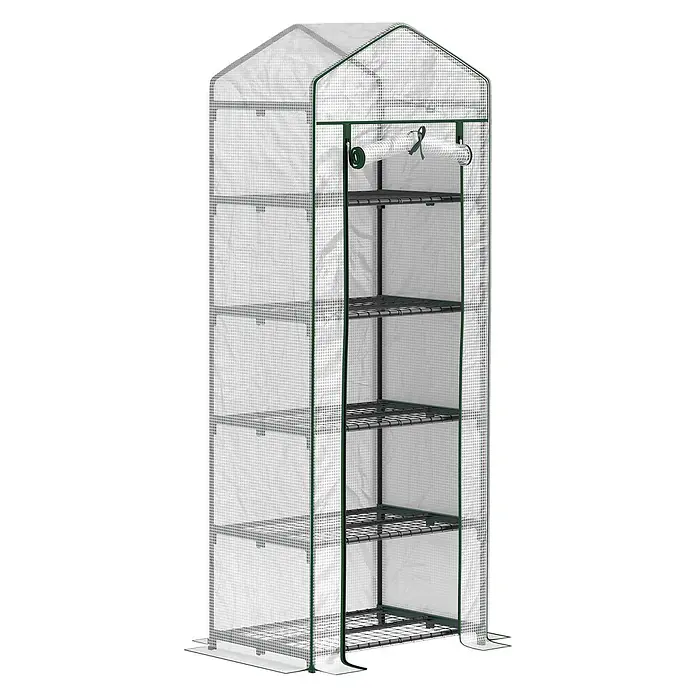 Outsunny Gewächshaus - Außenmaß inkl. Dachüberstand (B x T): 69 x 49 cm, Material Seitenwand: Kunststoff, 0,3 mm, Schwarz - Tragbares Gewächshaus mit transparenter Gitterabdeckung, dunkelgrünem Rahmen und fünf schwarzen Drahtregalen. Die Frontklappe lässt sich hochrollen.