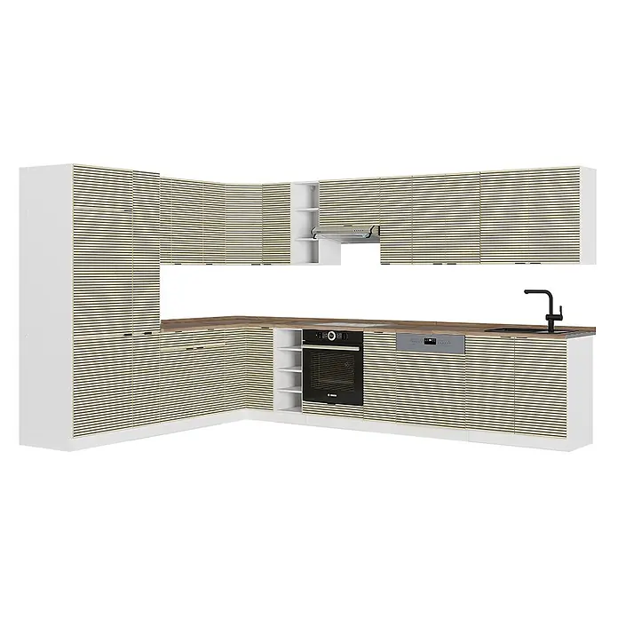 Vicco Eckküche Fame-Line Eiche Paneel/Weiß, AP Eiche - B x T: 347 x 60 cm, Eiche Paneel, Ohne Elektrogeräte - Moderne L-förmige Küche mit weißen Schränken, hellen Holzlamellentüren, Holzplatte und integrierten Geräten.