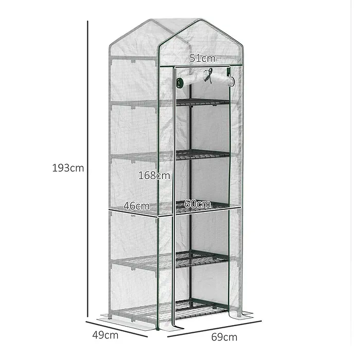 Outsunny Gewächshaus - Außenmaß inkl. Dachüberstand (B x T): 69 x 49 cm, Material Seitenwand: Kunststoff, 0,3 mm, Schwarz - Hohes, schmales Gewächshaus mit transparenter Abdeckung, grünem Gestell und mehreren Einlegeböden.
