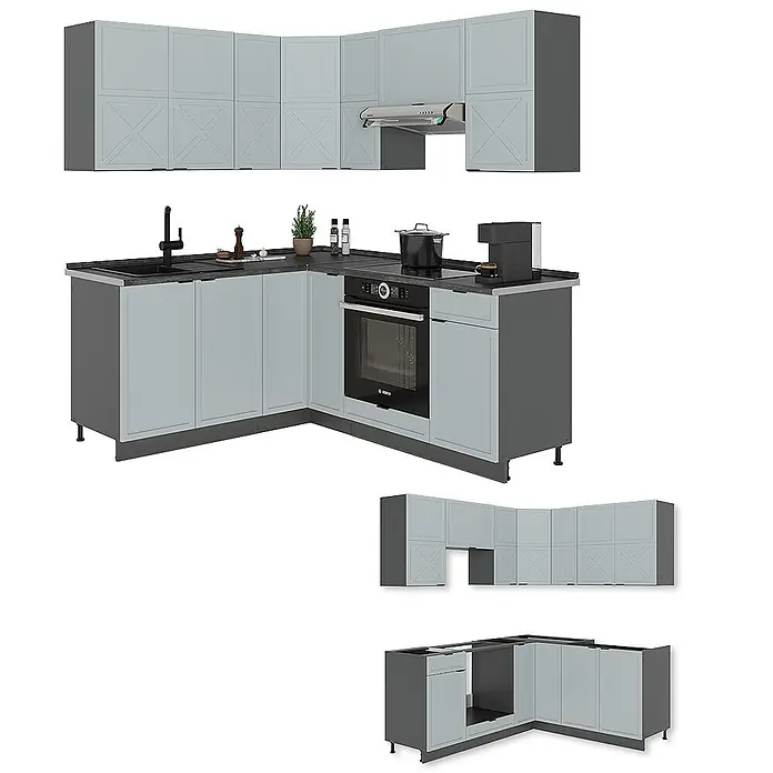 Vicco Eckküche Fame-Line Hellblau-grau/Anthrazit, AP Eiche - B x T: 190 x 60 cm, Hellblau-grau, Ohne Elektrogeräte - Helleblau-dunkelgraue Eckküche mit integrierten Geräten, modular aufgebaut.