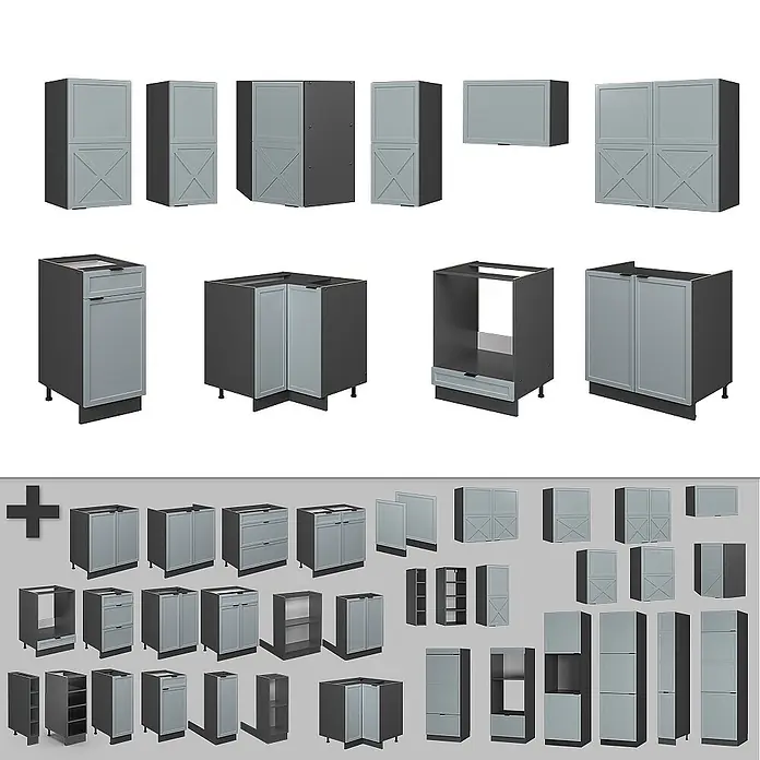 Vicco Eckküche Fame-Line Hellblau-grau/Anthrazit, AP Eiche - B x T: 190 x 60 cm, Hellblau-grau, Ohne Elektrogeräte - Sortiment modularer Küchenschränke mit dunkelgrauen Korpusse und hellgrauen Türen, teils mit Kreuzmuster.