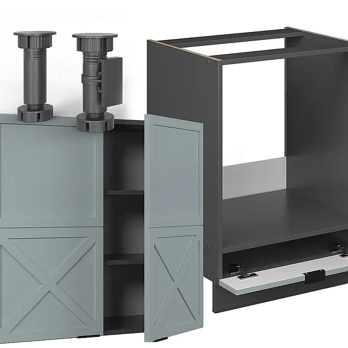 Vicco Eckküche Fame-Line Hellblau-grau/Anthrazit, AP Eiche - B x T: 190 x 60 cm, Hellblau-grau, Ohne Elektrogeräte - Zerlegter grauer Schrank mit X-Paneel-Türen, verstellbaren Füßen und dunkelgrauem Schrankkorpus. Möbelkomponenten zur Montage.