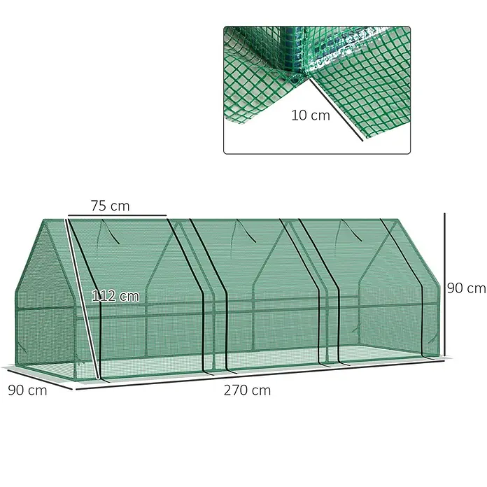 Outsunny Gewächshaus - 270 x 90 cm, Material Seitenwand: Kunststoff, 0,3 mm, Grün - Langes grünes Netz-Gewächshaus/Anbautunnel mit mehreren Abschnitten und Reißverschlussöffnung. Maße und 10 cm Bodenlasche Detail.