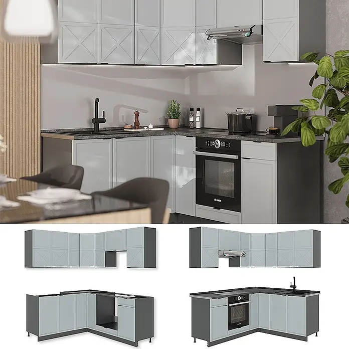 Vicco Eckküche Fame-Line Hellblau-grau/Anthrazit, AP Eiche - B x T: 190 x 60 cm, Hellblau-grau, Ohne Elektrogeräte - L-förmige hellgraue Küchenschränke mit X-Muster Türen, dunkelgrauen Rahmen, schwarzer Spüle und integriertem Ofen.