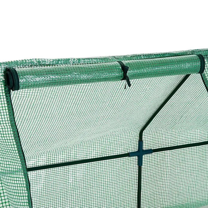 Outsunny Gewächshaus - 270 x 90 cm, Material Seitenwand: Kunststoff, 0,3 mm, Grün - Grüne, gerasterte Gewächshausabdeckung mit hochgerollter und festgebundener Frontplatte, die den dunklen Rahmen und Verbinder zeigt.