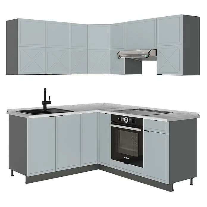 Vicco Eckküche Fame-Line Hellblau-grau/Anthrazit, AP Marmor - B x T: 190 x 60 cm, Hellblau-grau, Ohne Elektrogeräte - Hellblaue L-förmige Küchenzeile mit Ober- und Unterschränken, Spüle, Kochfeld, Backofen und Dunstabzugshaube. Obere Türen mit Kreuzdetails.