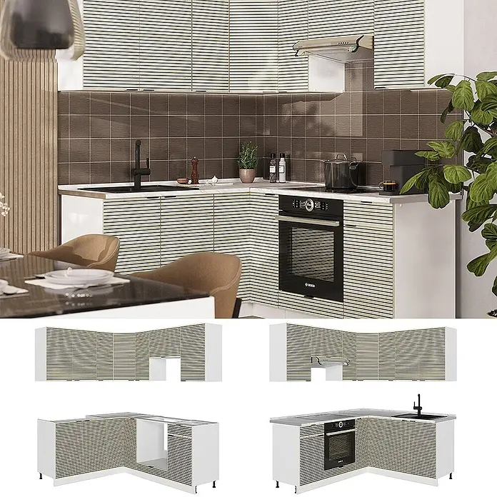 Vicco Eckküche Fame-Line Eiche Paneel/Weiß ohne Arbeitsplatte - B x T: 190 x 46 cm, Eiche Paneel, Ohne Elektrogeräte - Moderne L-förmige Küche mit hellen Holzlamellenfronten und weißen Arbeitsplatten, inklusive Einbaugeräten.