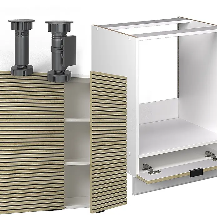 Vicco Eckküche Fame-Line Eiche Paneel/Weiß ohne Arbeitsplatte - B x T: 190 x 46 cm, Eiche Paneel, Ohne Elektrogeräte - Weiße Schrankteile, Holzlamellentüren, Einlegeböden und schwarze verstellbare Füße. Zeigt Montagekontext.