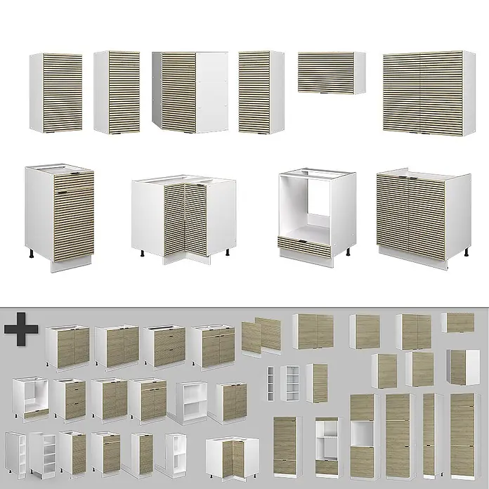 Vicco Eckküche Fame-Line Eiche Paneel/Weiß ohne Arbeitsplatte - B x T: 190 x 46 cm, Eiche Paneel, Ohne Elektrogeräte - Modulare weiße Küchenschränke mit hellen Holzlamellentüren, verschiedene Unter-, Ober- und Hochschränke.