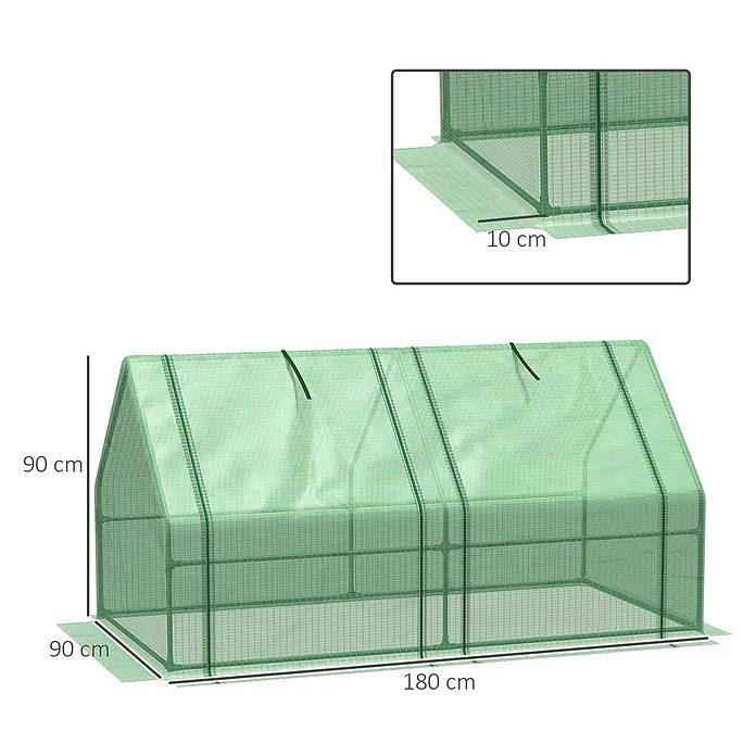 Outsunny Gewächshaus - 180 x 90 cm, Material Seitenwand: Kunststoff, 0,3 mm, Grün - Grünes, transparentes Mini-Gewächshaus, 180x90x90 cm, mit 10 cm Bodenlasche für Pflanzenschutz.