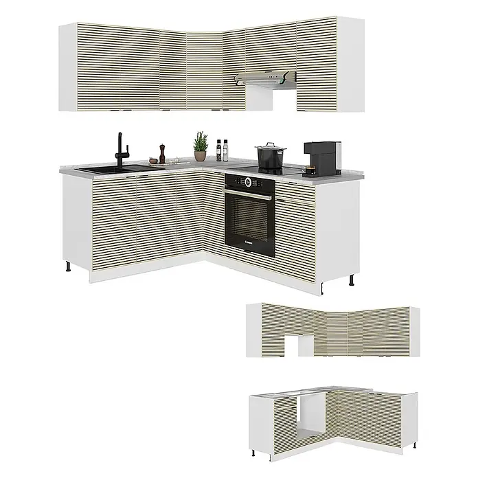 Vicco Eckküche Fame-Line Eiche Paneel/Weiß ohne Arbeitsplatte - B x T: 190 x 46 cm, Eiche Paneel, Ohne Elektrogeräte - L-förmige Modulküche mit weißen Ober- und Unterschränken und hellen Holzlamellentüren.