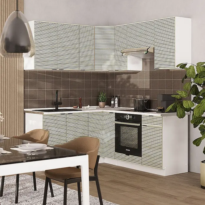 Vicco Eckküche Fame-Line Eiche Paneel/Weiß ohne Arbeitsplatte - B x T: 190 x 46 cm, Eiche Paneel, Ohne Elektrogeräte - Moderne Eckküche mit hellbeigen, horizontal lamellierten Türen, inklusive integriertem Backofen, Kochfeld und Spüle.
